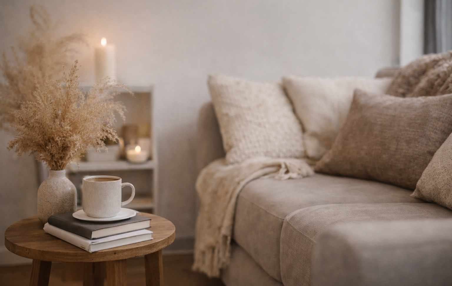 Canapé beige avec coussins, table en bois, tasse de café et décor naturel.